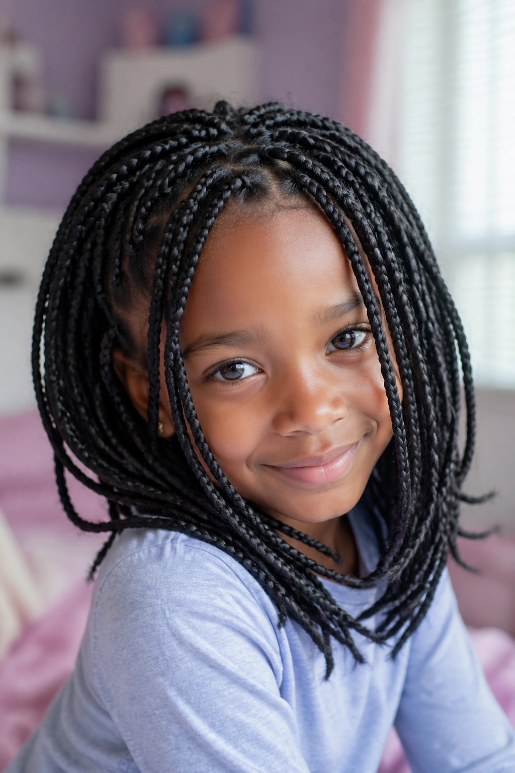 Close-up of a young girl with layered box braids in a sunlit bedroom