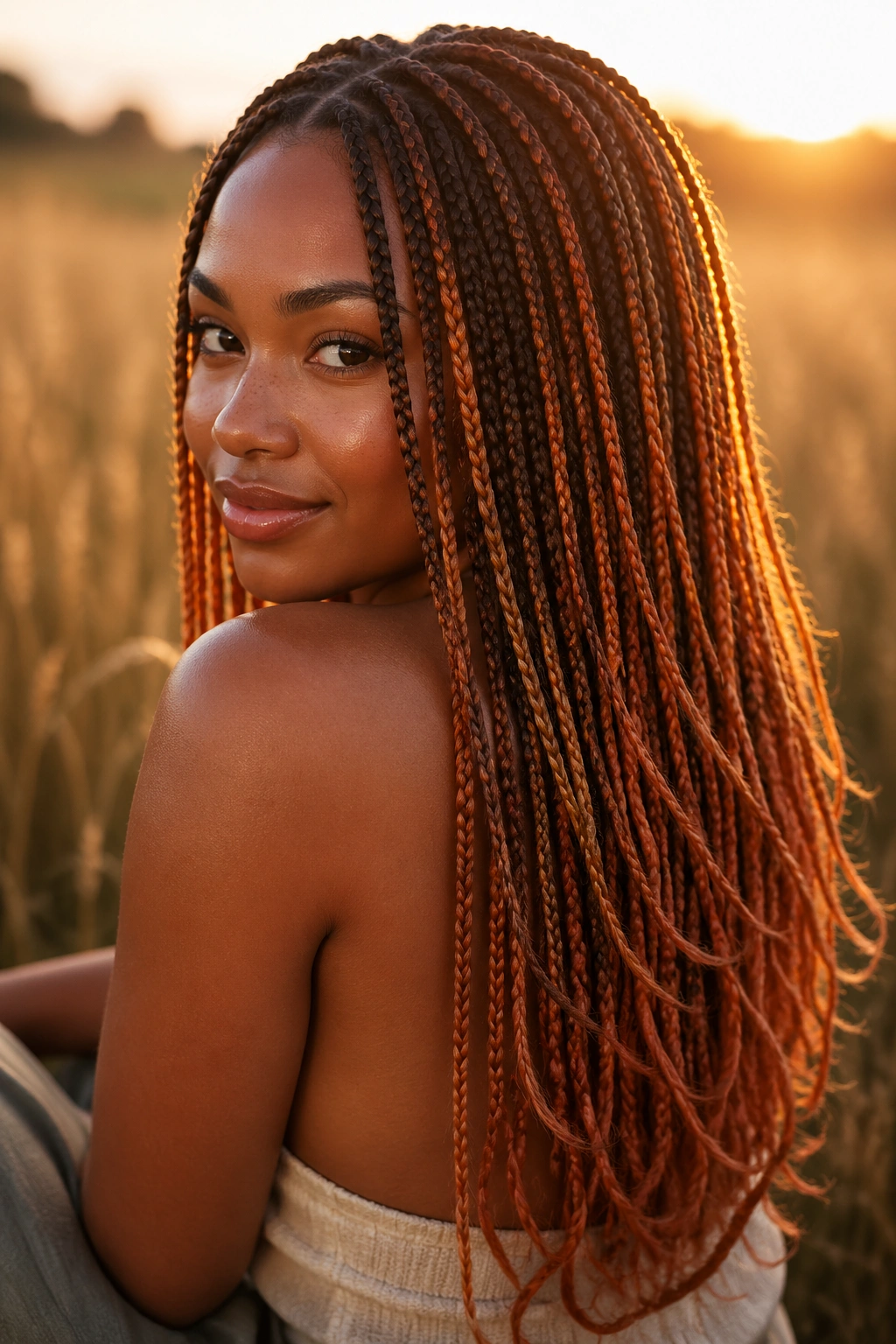 Close-up of a real woman with layered mid-back box braids in sunset colors