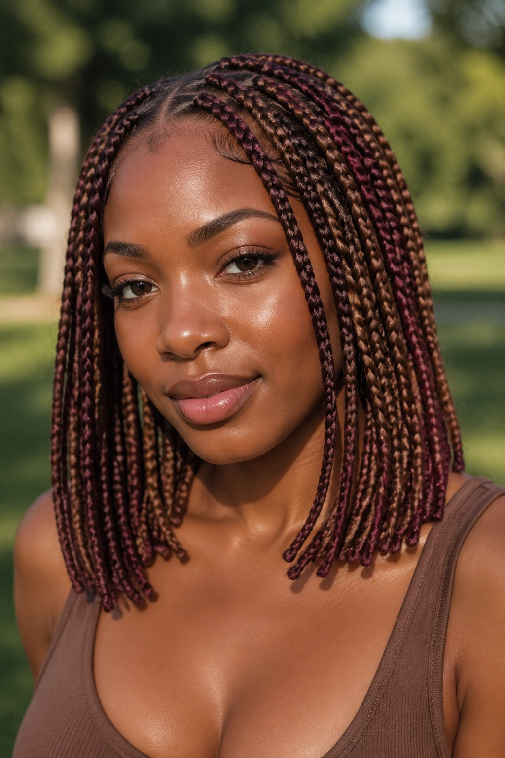 Close-up of collarbone-length layered braids in chestnut and merlot on a real person
