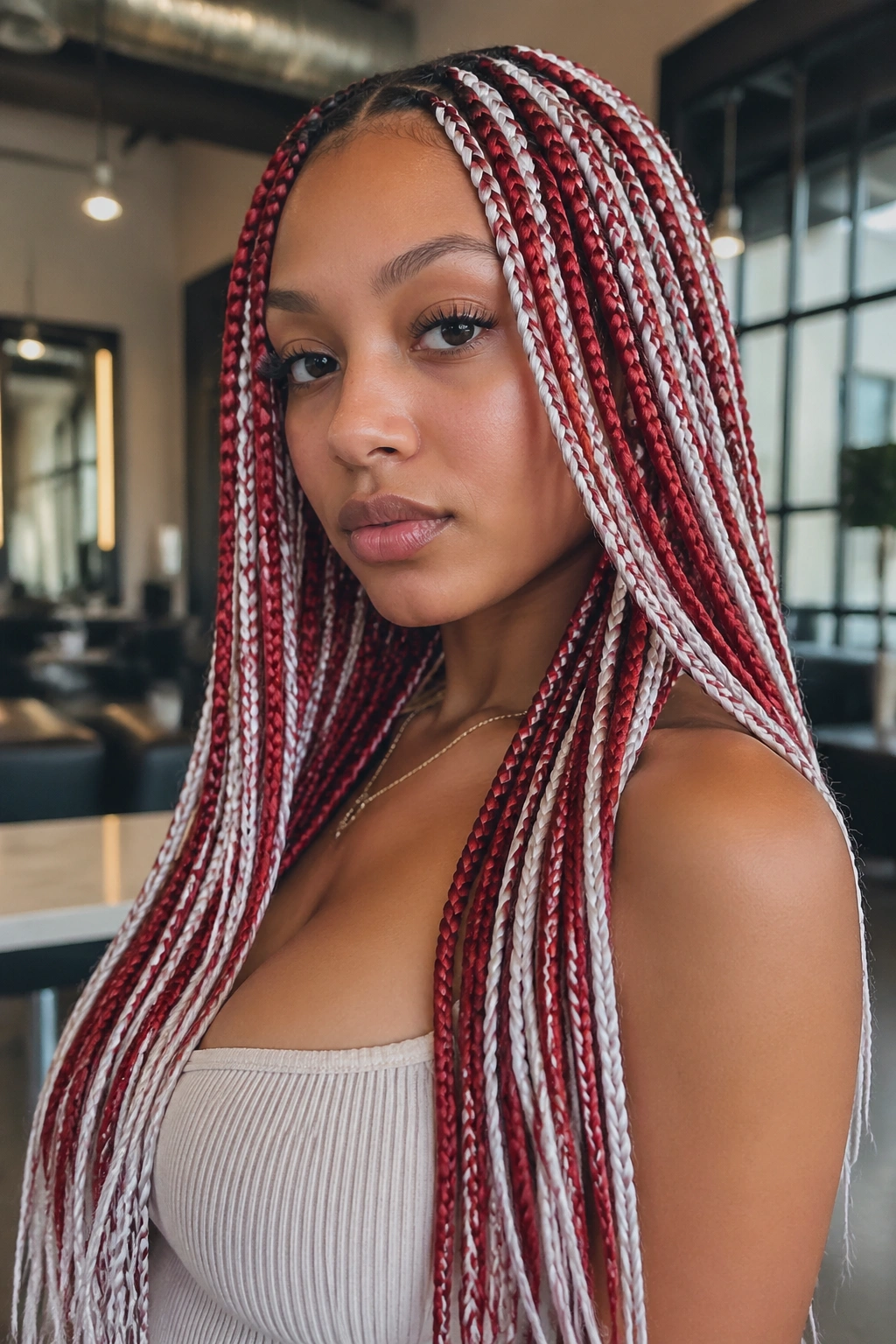 Close-up of a real person with layered long red and white box braids