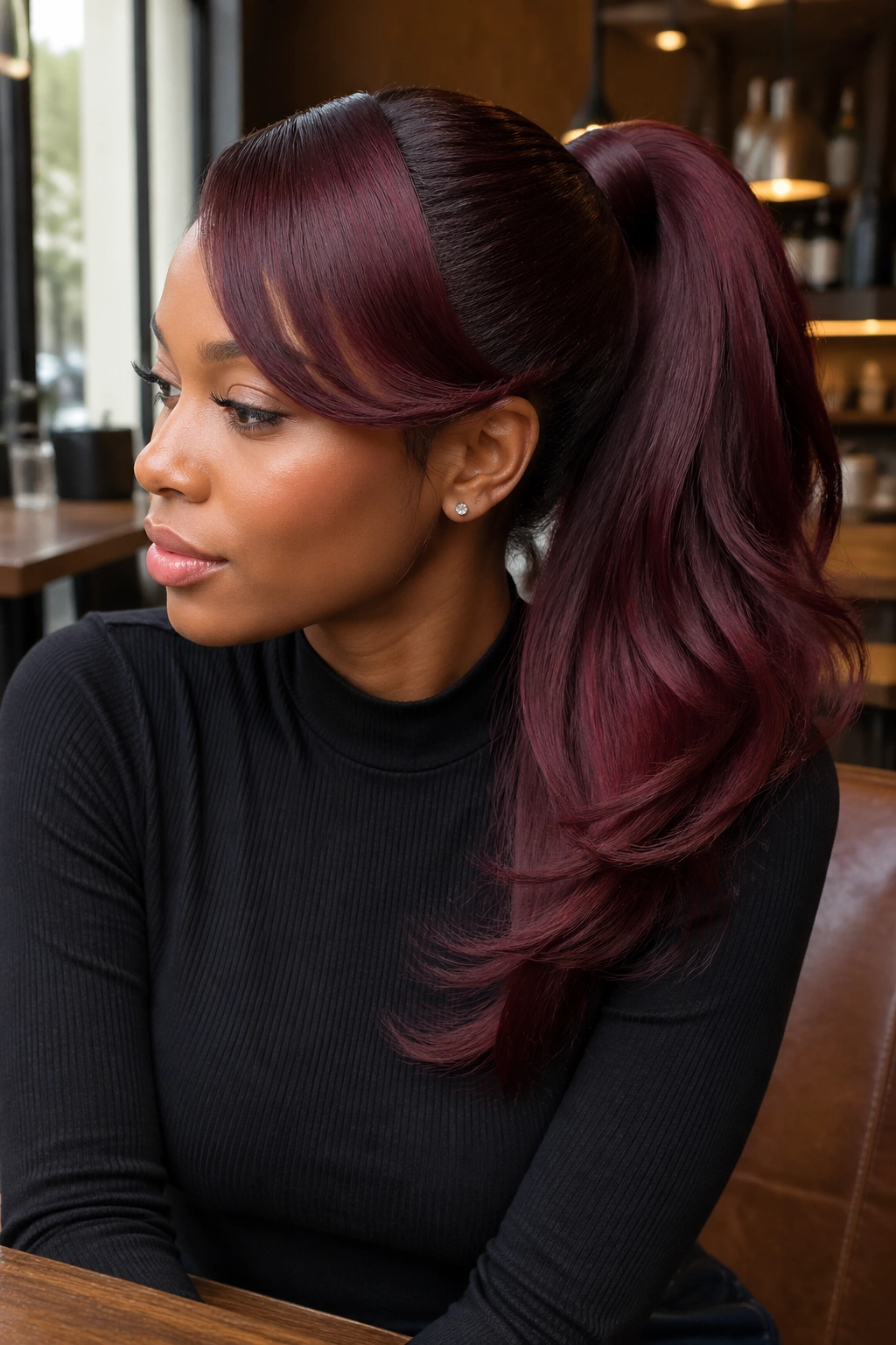 Portrait of a real woman with layered burgundy swoop ponytail catching warm light