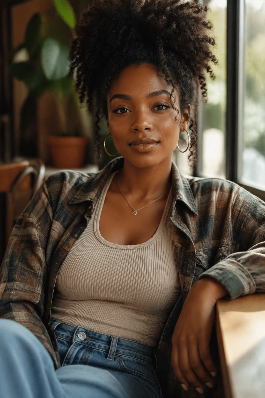 Close-up of a woman in ribbed tank, flannel overshirt, and loose jeans