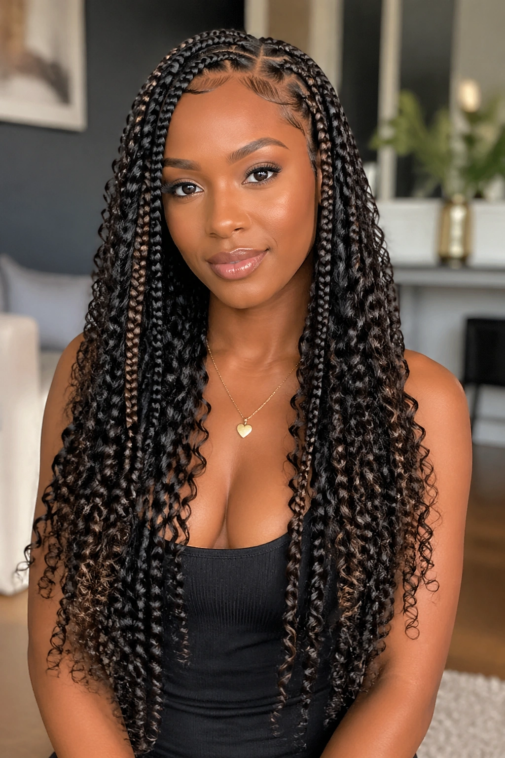 Real woman's head with layered curl lengths in feed-in braids