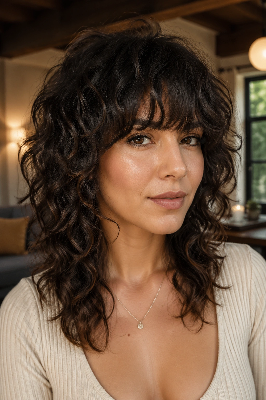 Close-up of a real woman with medium layered curls and full bangs across the forehead.
