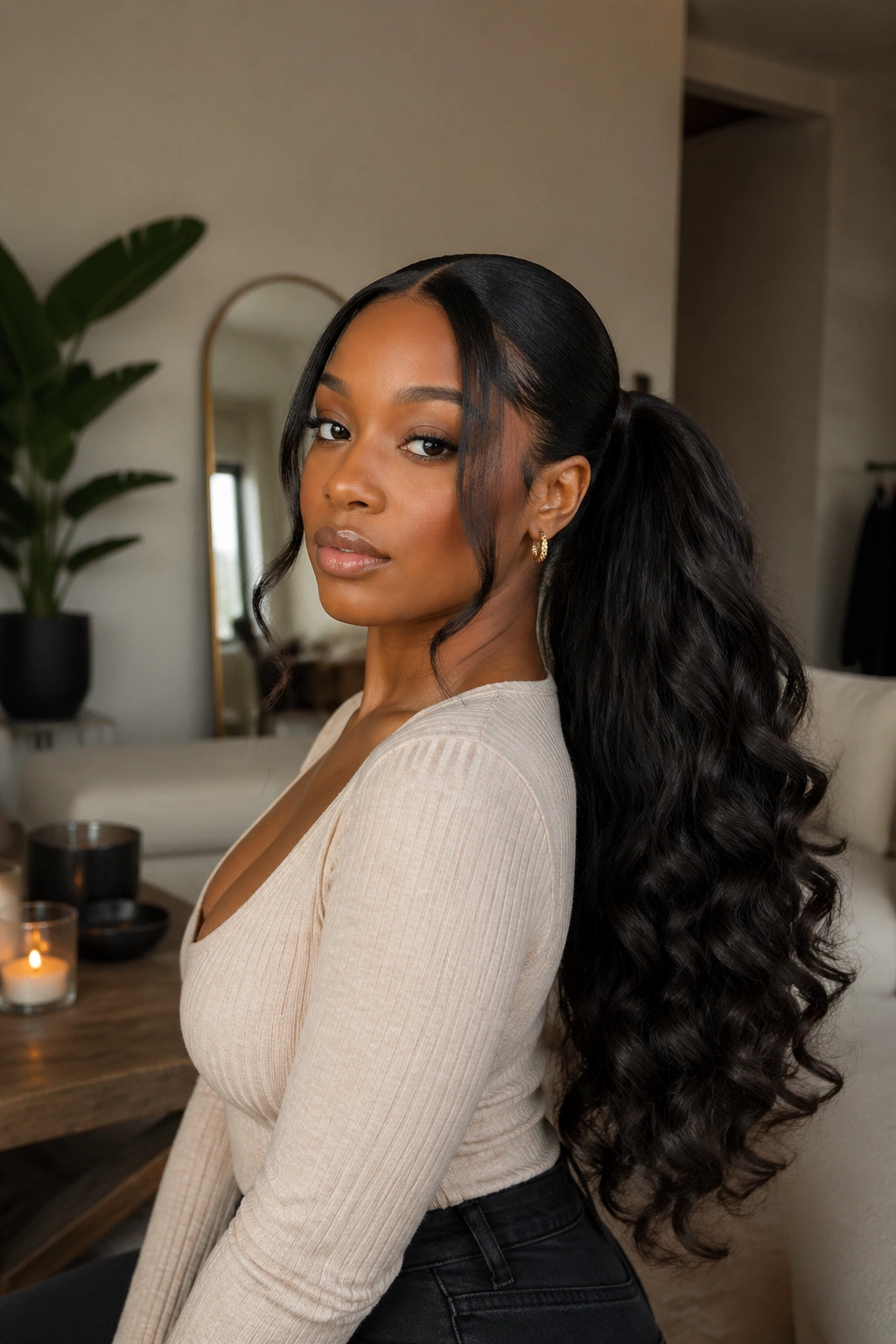 Real woman with deep-length ponytail and layered curls