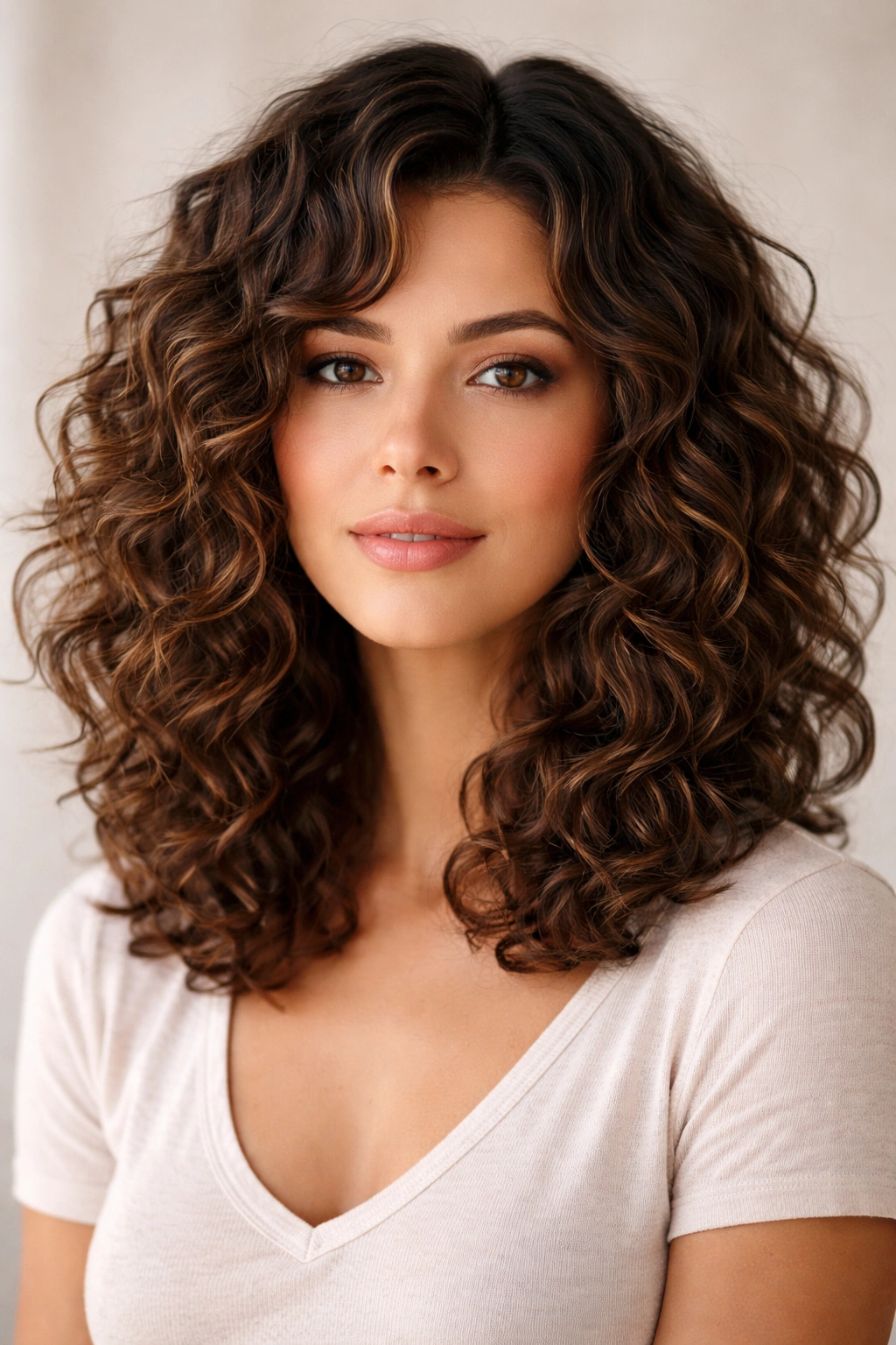 Close-up of a model with a layered curly lob, thick curls at the collarbone.