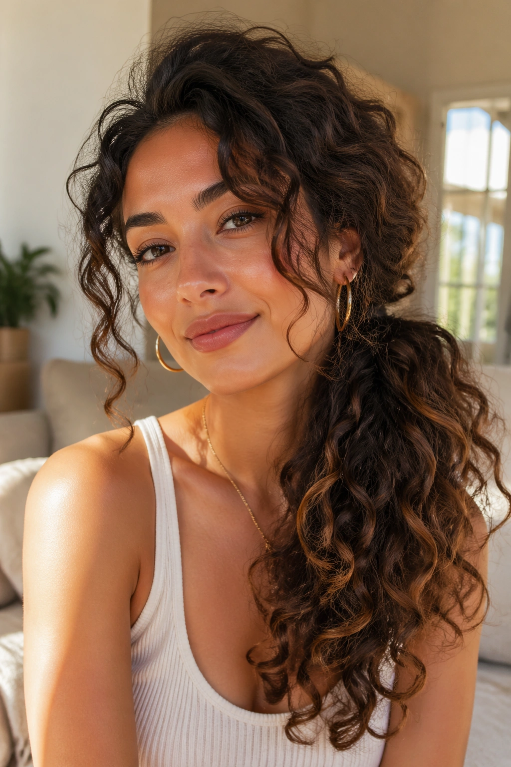 Real woman with layered curls side ponytail, natural light