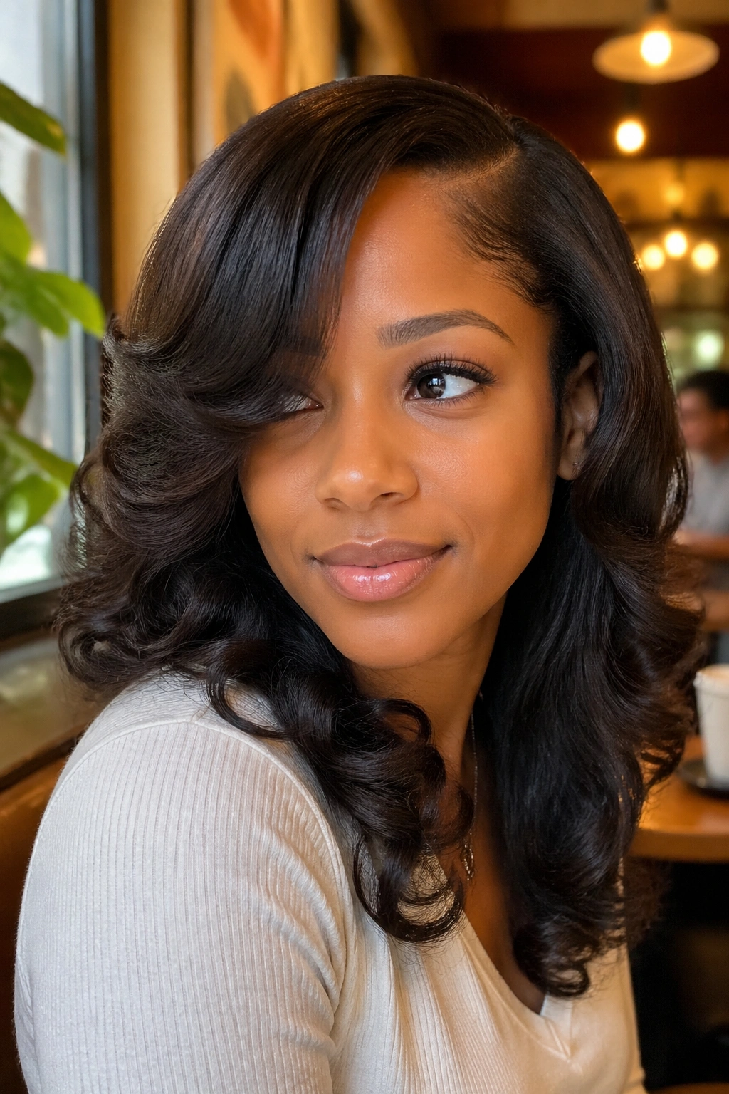 Close-up of a real woman with layered curls along the face and a side part
