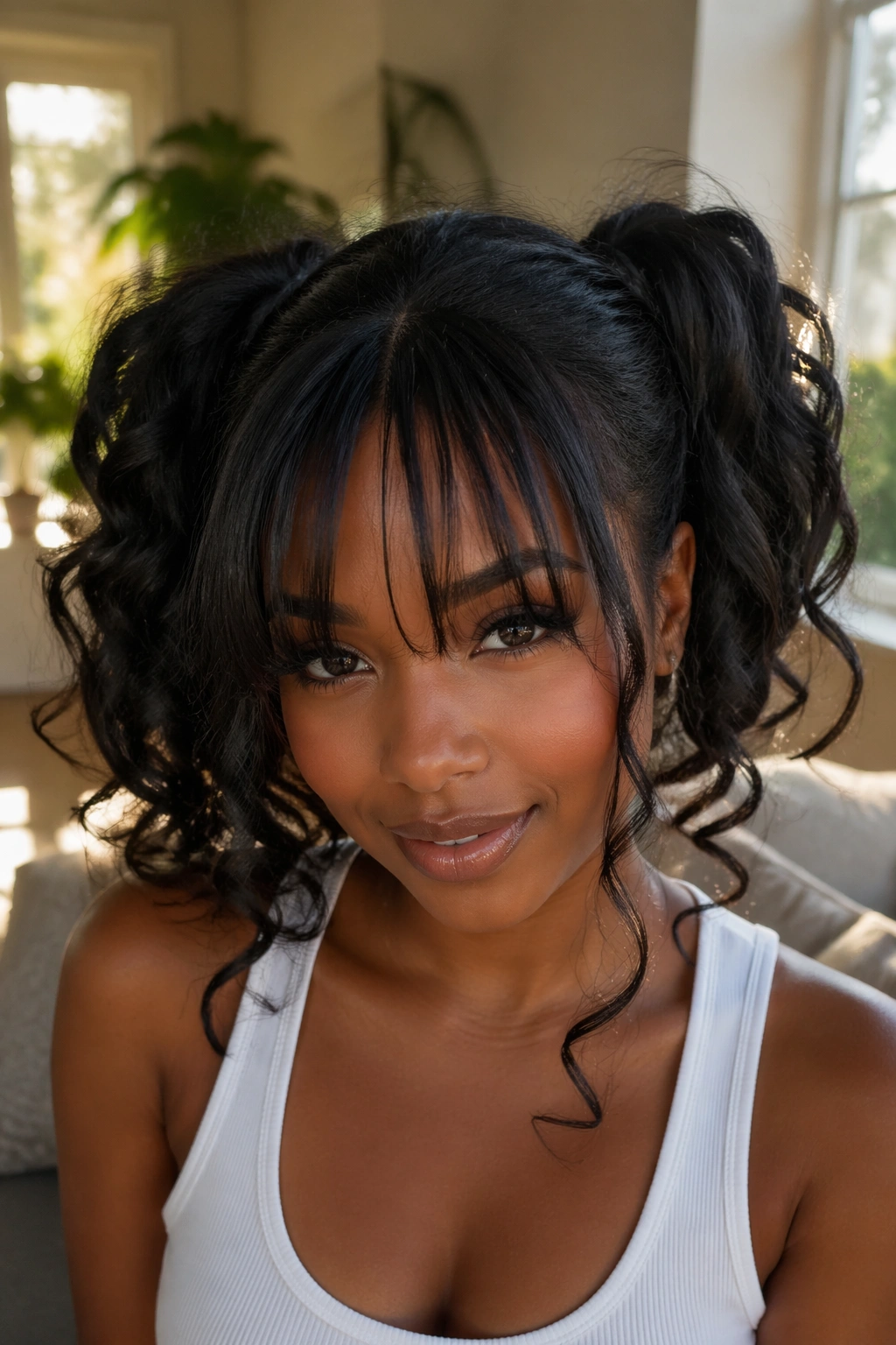 Close-up of a Black woman with layered curl twin ponytails and face-framing bangs in natural light