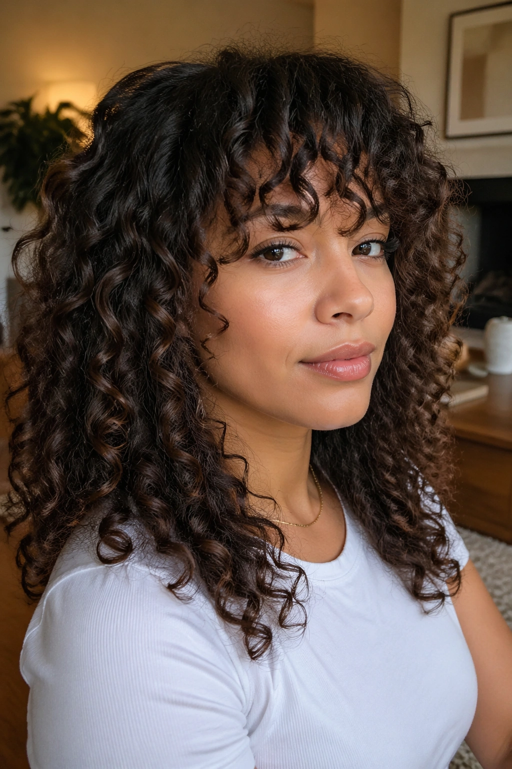 Close-up portrait of a real person with layered curly bangs and textured fringe.