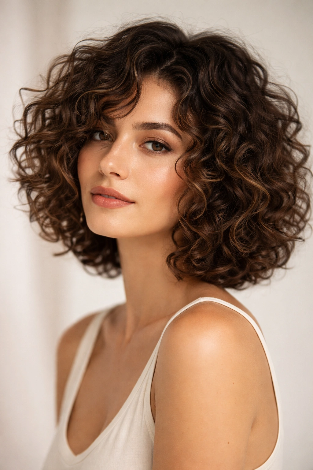 Portrait showing layered curly bob with movement and soft layers