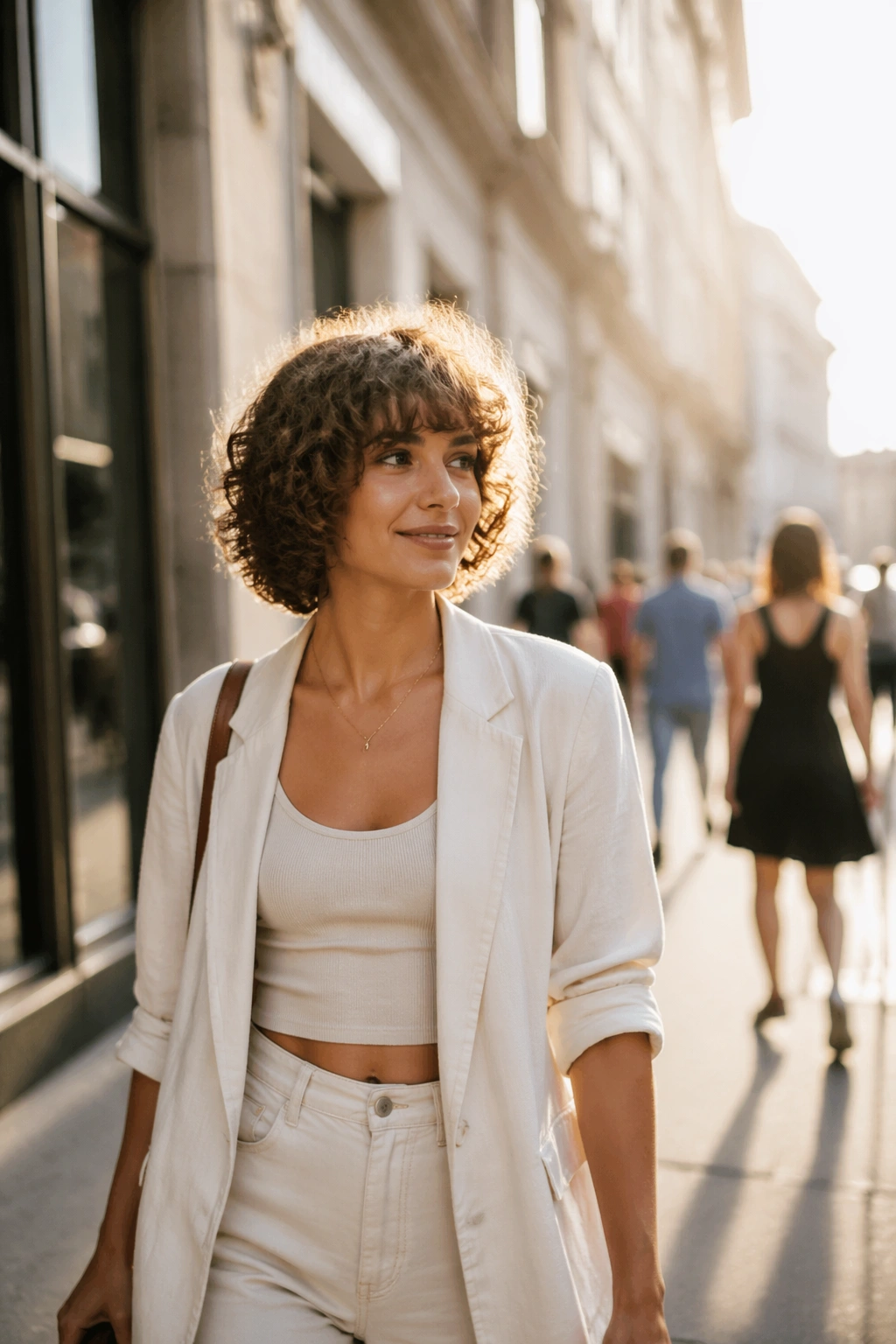 Layered curly bob swaying while walking at golden hour.
