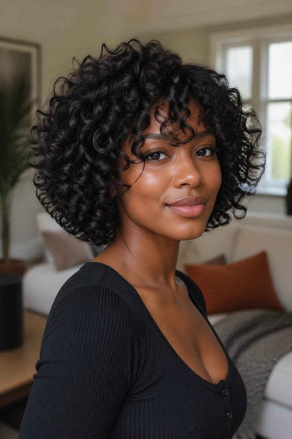 Close-up portrait of a real Black woman with layered curly bob hairstyle
