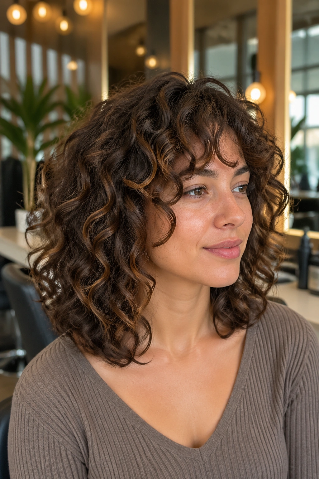 Medium close-up of a real person with layered mid-length curly hair