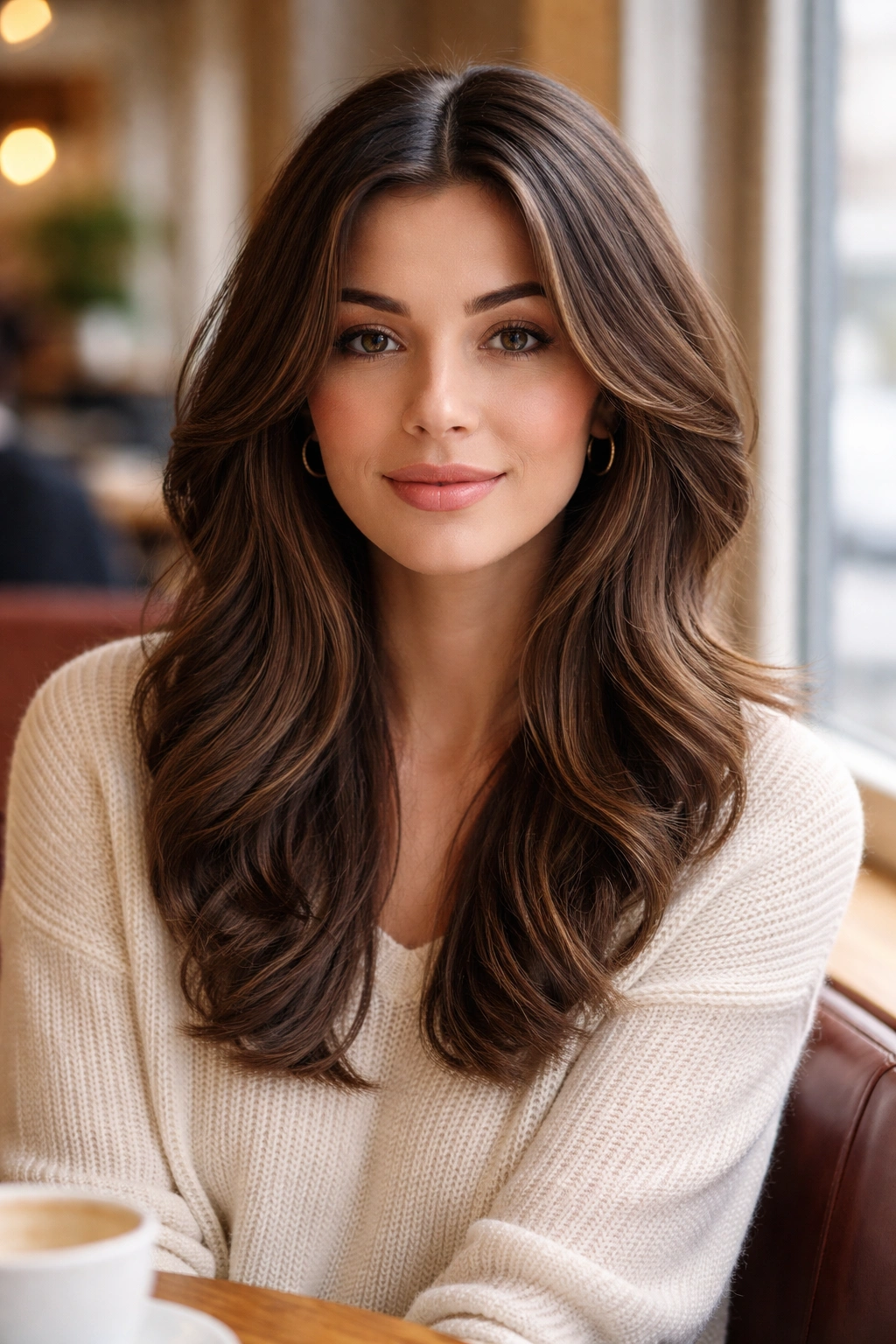 Close-up portrait of a real woman with layered cut and center part