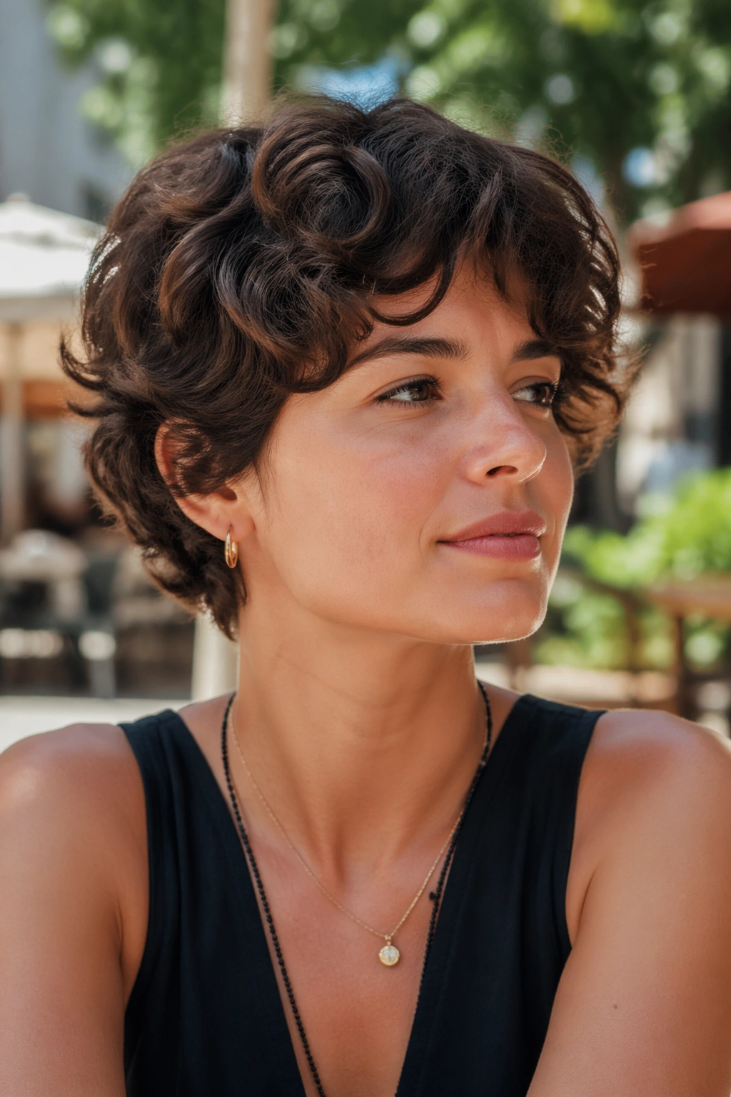 Close-up portrait of real person with layered ear-length curly cut outdoors.