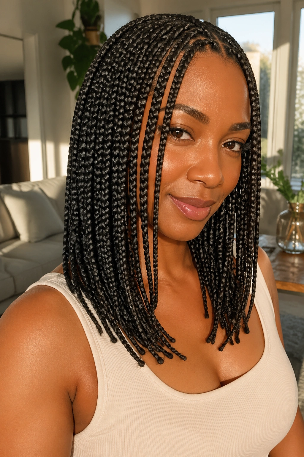 Close-up showing layered tapered ends in knotless box braids on a real person.