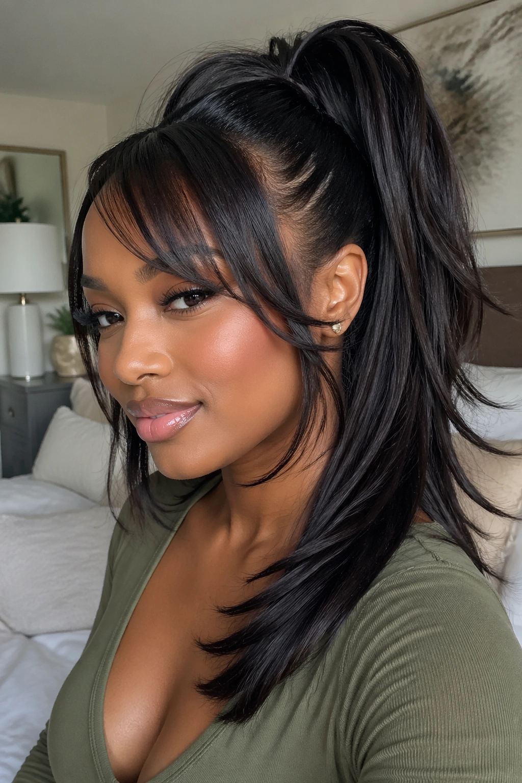 Close-up of a real woman with layered extension ponytail and face-framing side bang