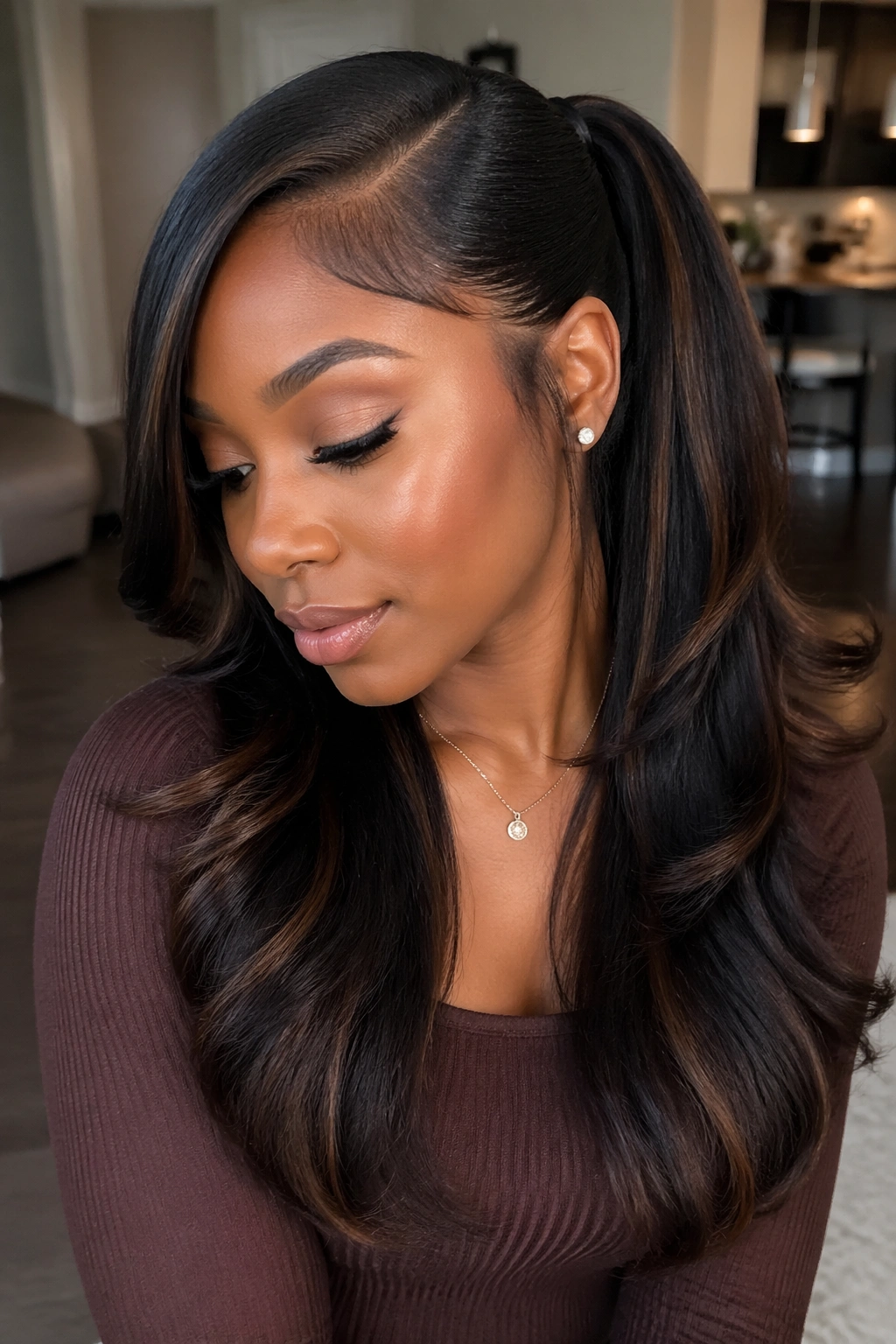 Close-up of side-part ponytail with layered extensions on a real person