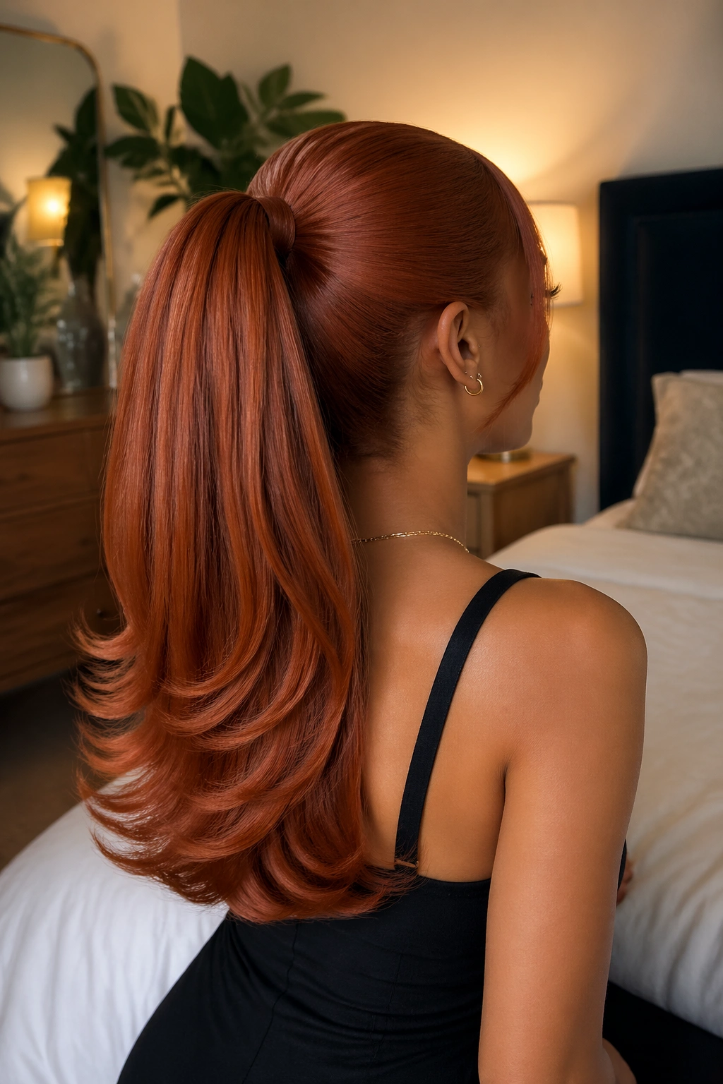 Rear view of a real woman showing layered flipped-end ginger ponytail