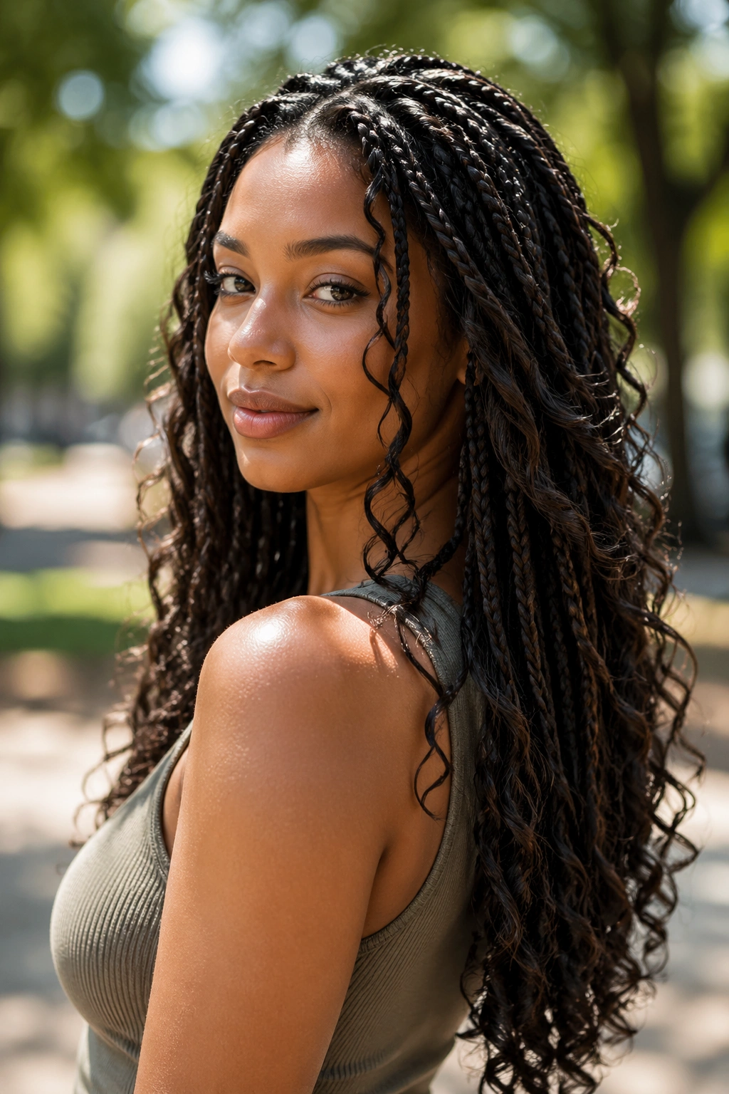 Medium close-up of layered goddess box braids in a sunlit outdoor setting