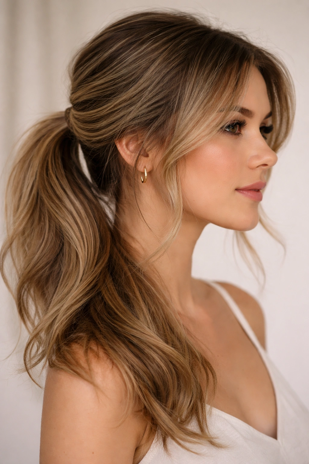Close-up of a side ponytail with layered hair framing the face in a studio setting