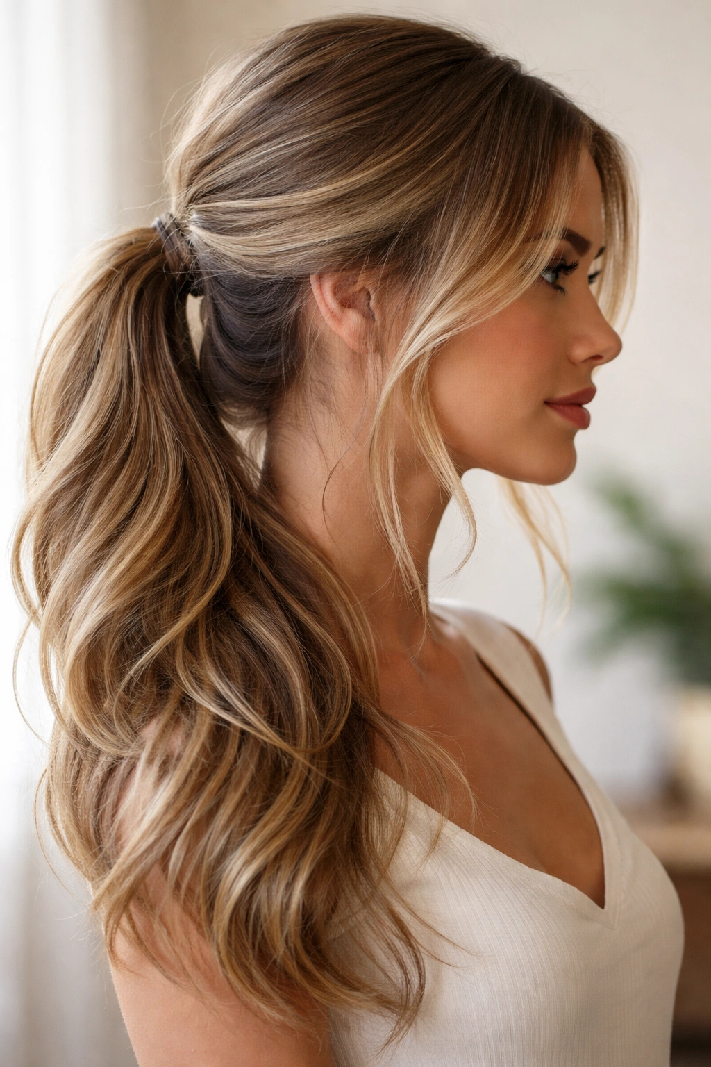 Layered long hair in a side ponytail with visible layers