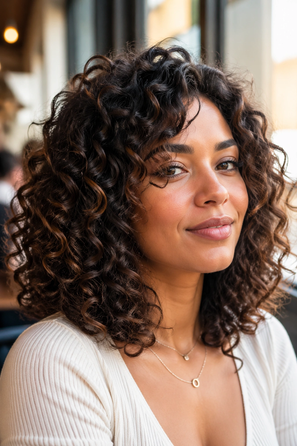 Close-up of layered medium natural cut on a real woman
