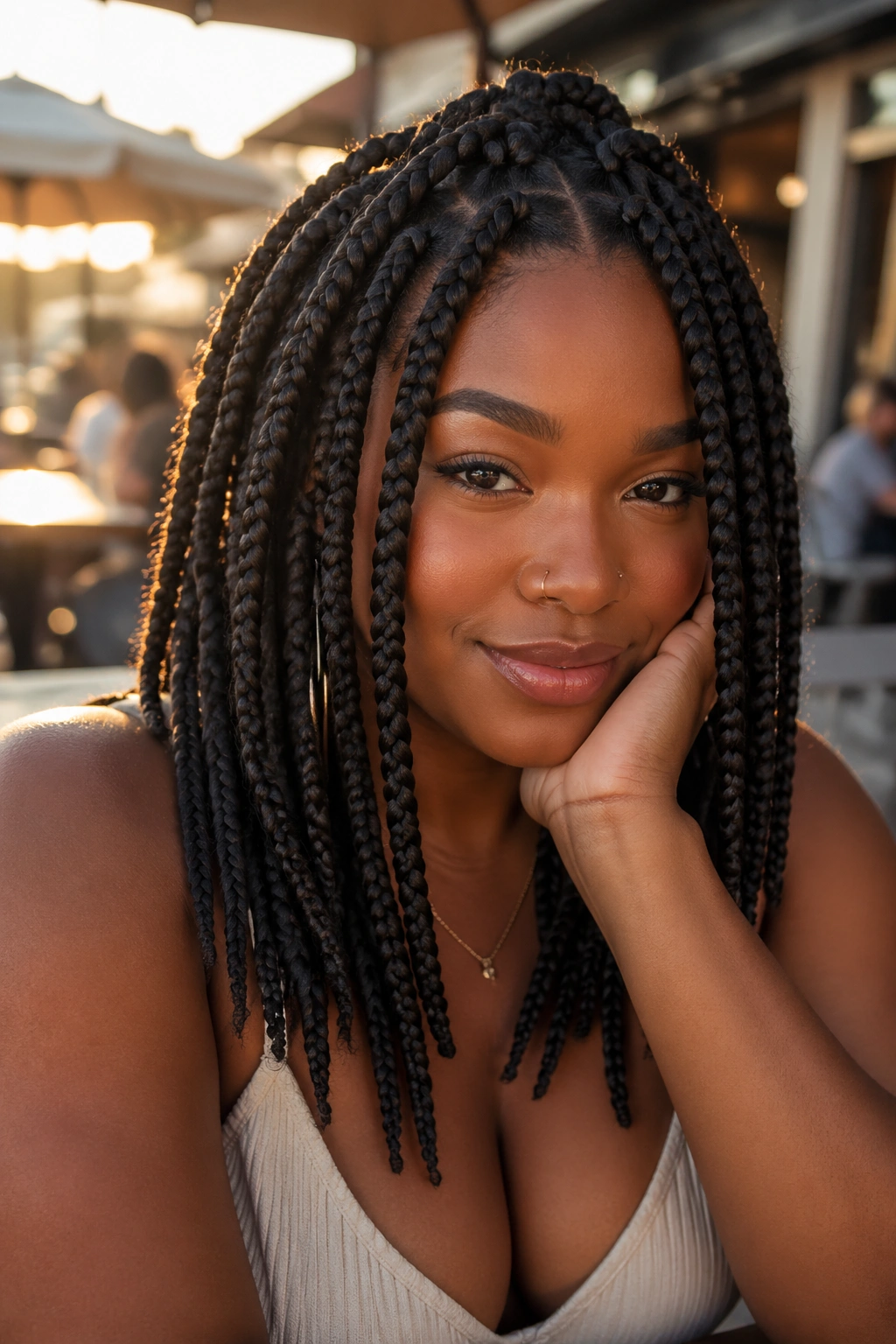 Real person wearing layered jumbo box braids with shorter front pieces