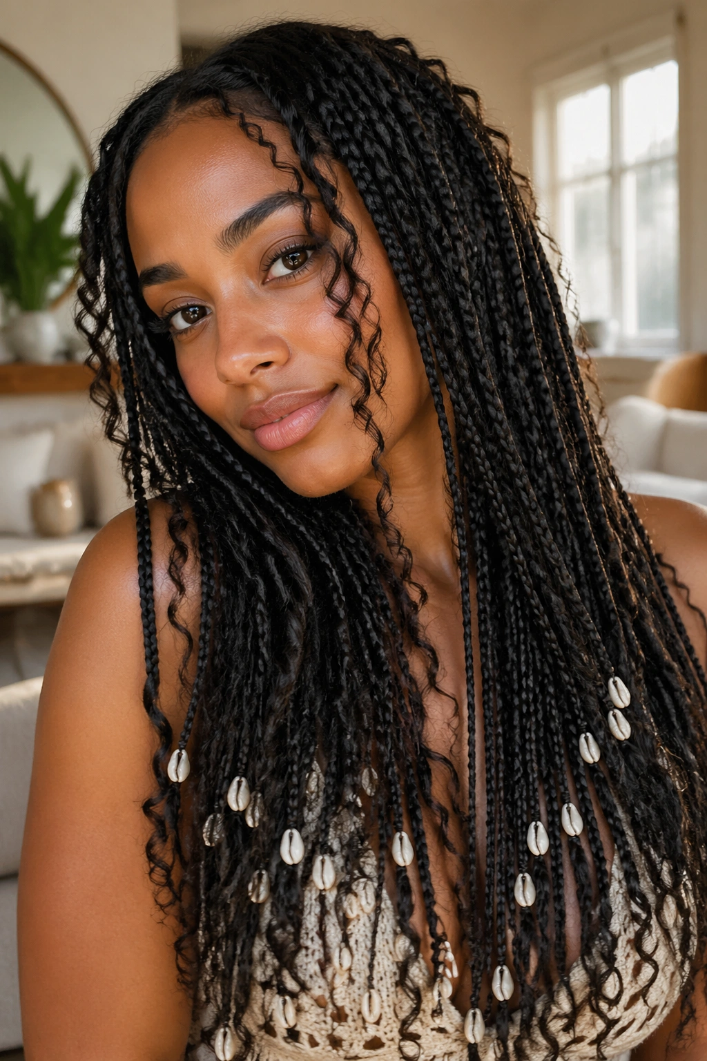 Portrait of a real woman with layered knotless braids, curly tendrils, and shell beads in a bright room
