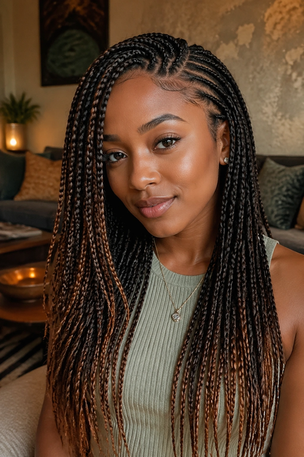 Real woman with layered lemonade box braids, close-up portrait.