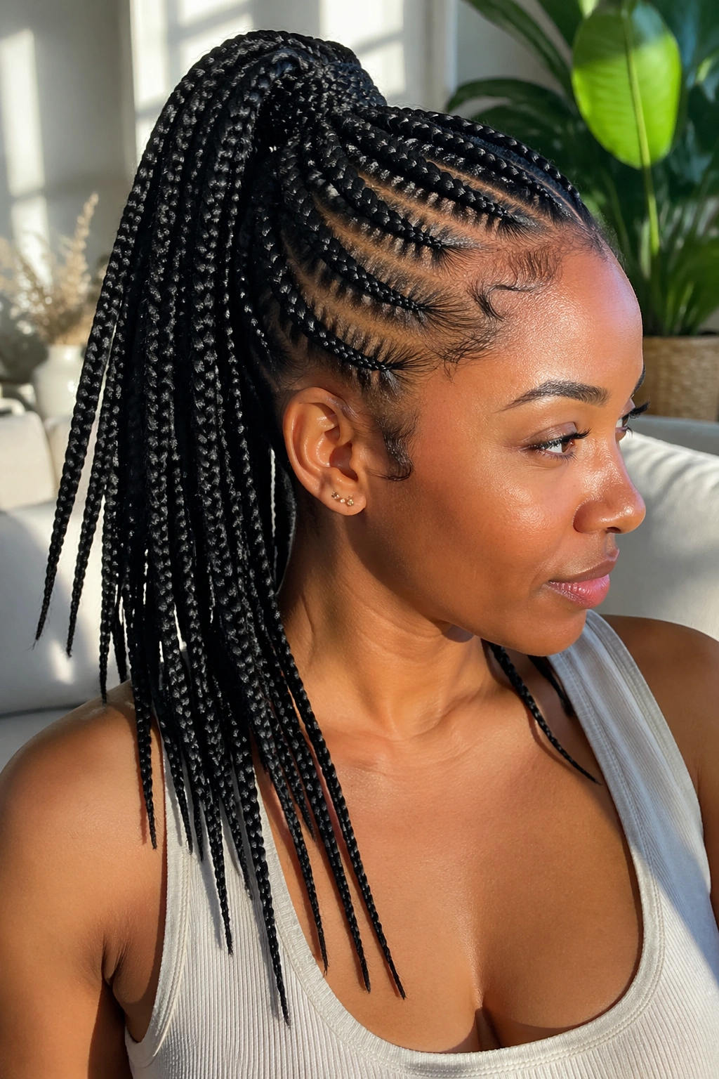 Close-up of a real woman with layered-length feed-in ponytail showing varied braid lengths.