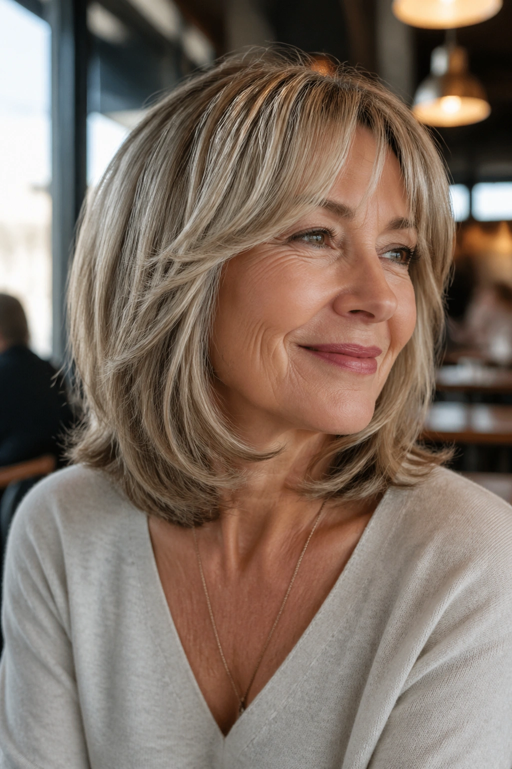 Close-up of a real woman with layered lob and curtain bangs in a warm cafe