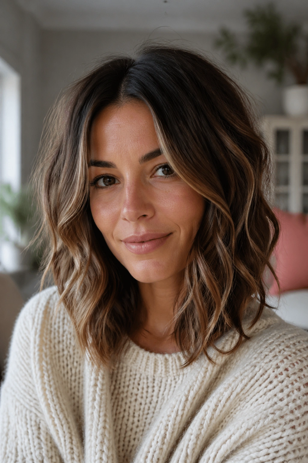 Close-up portrait of a woman with layered lob hairstyle and defined waves