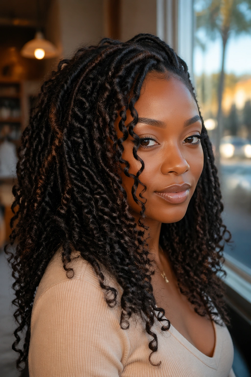 Close-up of a real woman with layered curly faux locs and mixed curl sizes