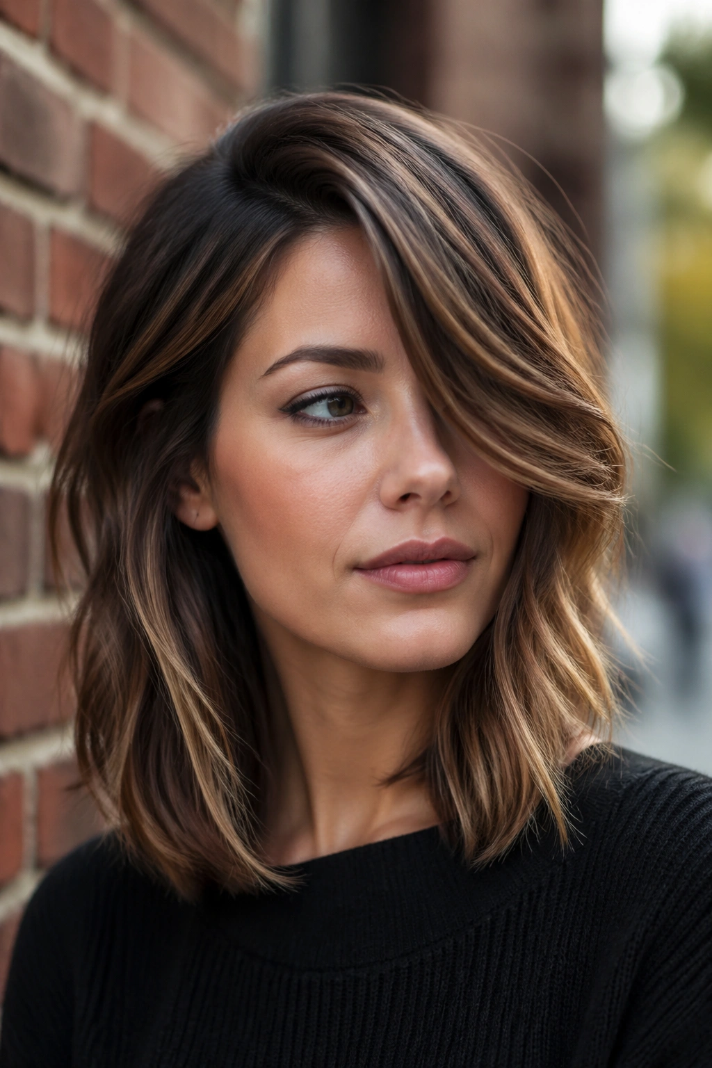 Close-up portrait of a woman with a layered long bob and deep side part in daylight near a brick wall.