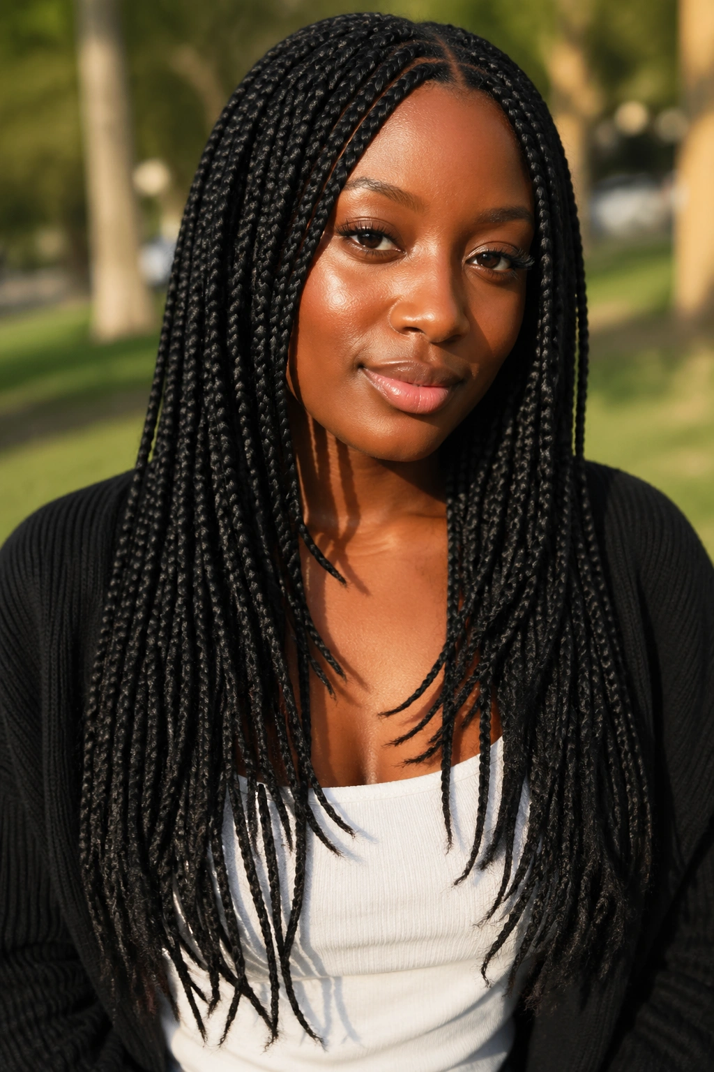 Close-up of layered long box braids on a real person.