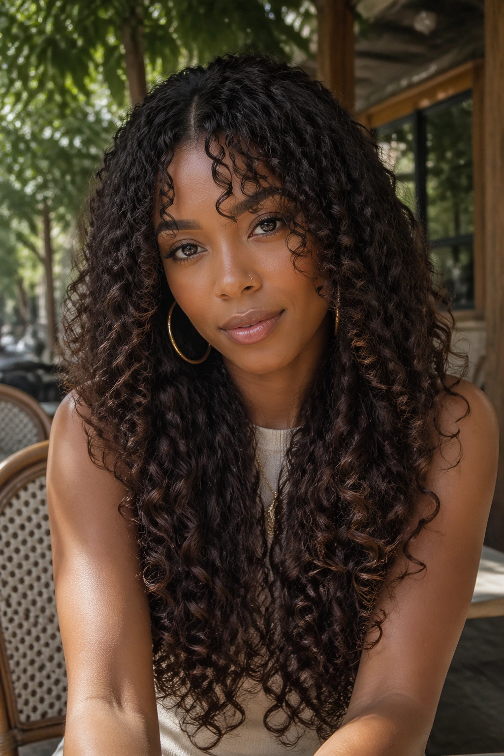 Real woman with long layered crochet curls in an outdoor cafe setting
