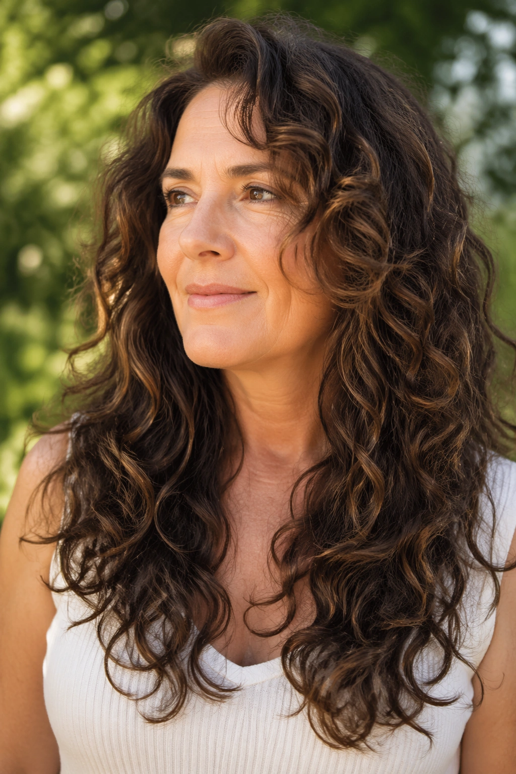 Portrait of a real woman with long layered curls outdoors in soft sunlight