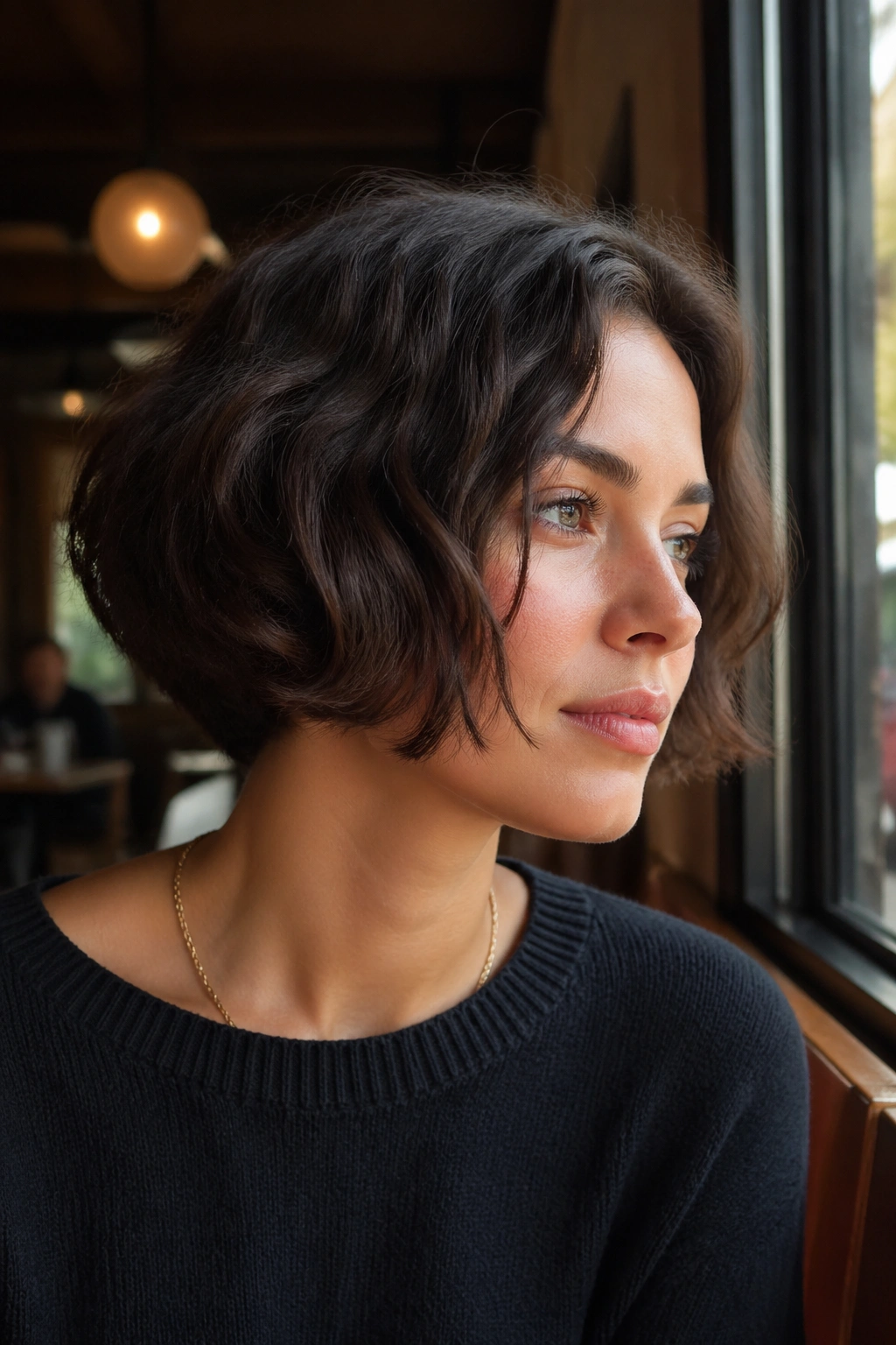 Close-up of a real woman with Layered Micro Bob hairstyle in a sunlit cafe