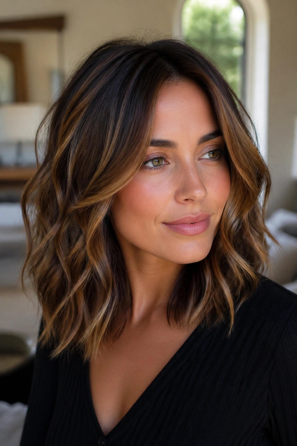 Portrait of a person with layered midi hair and bronze ribbons highlighting.