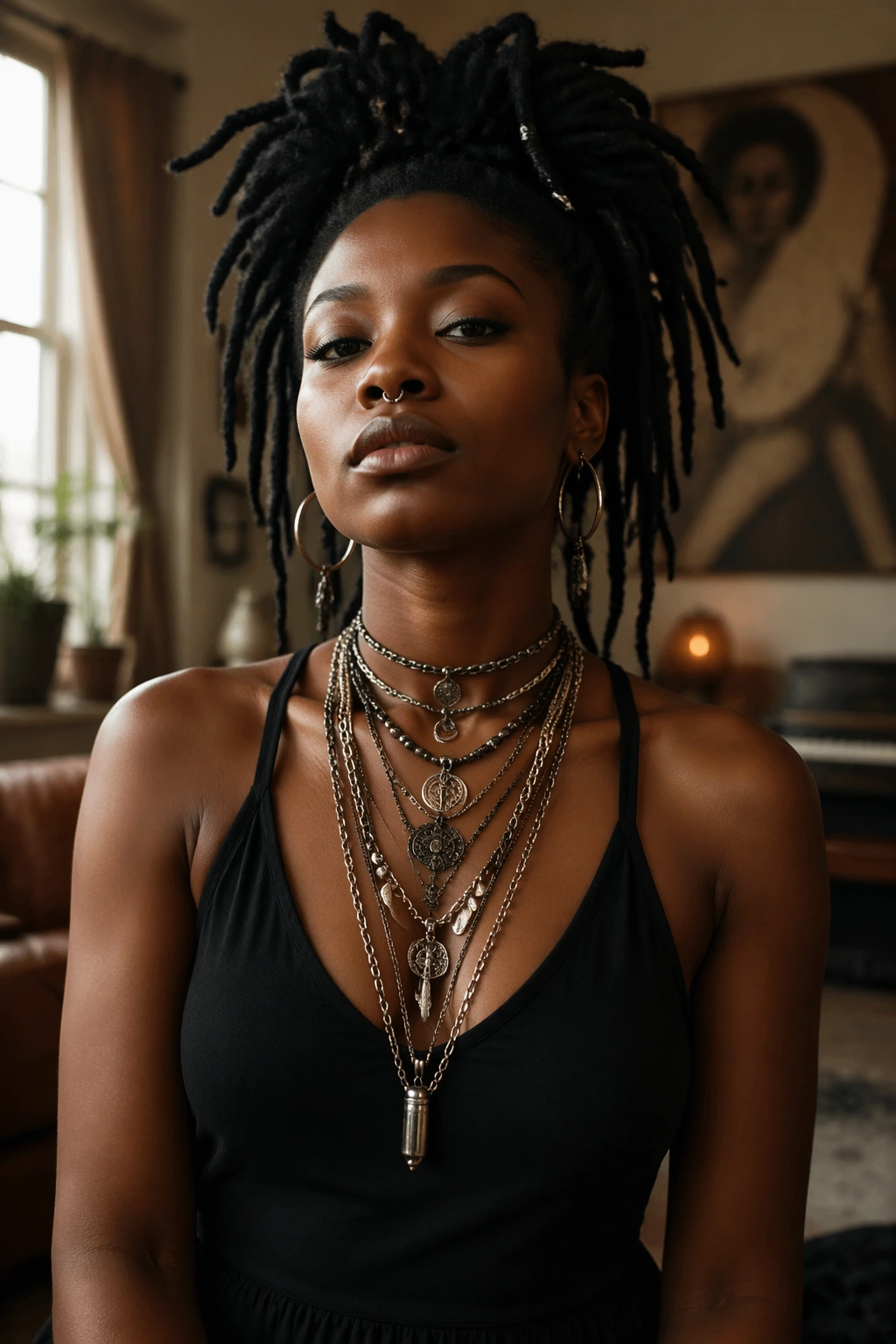 Close-up of a woman in a plain black dress with multiple layered necklaces and locs overhead.