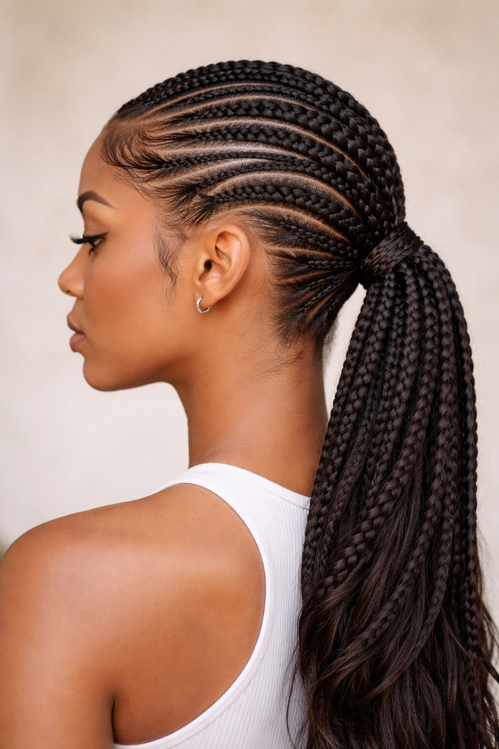 Layered part pattern low cornrow ponytail showing depth and layered sections