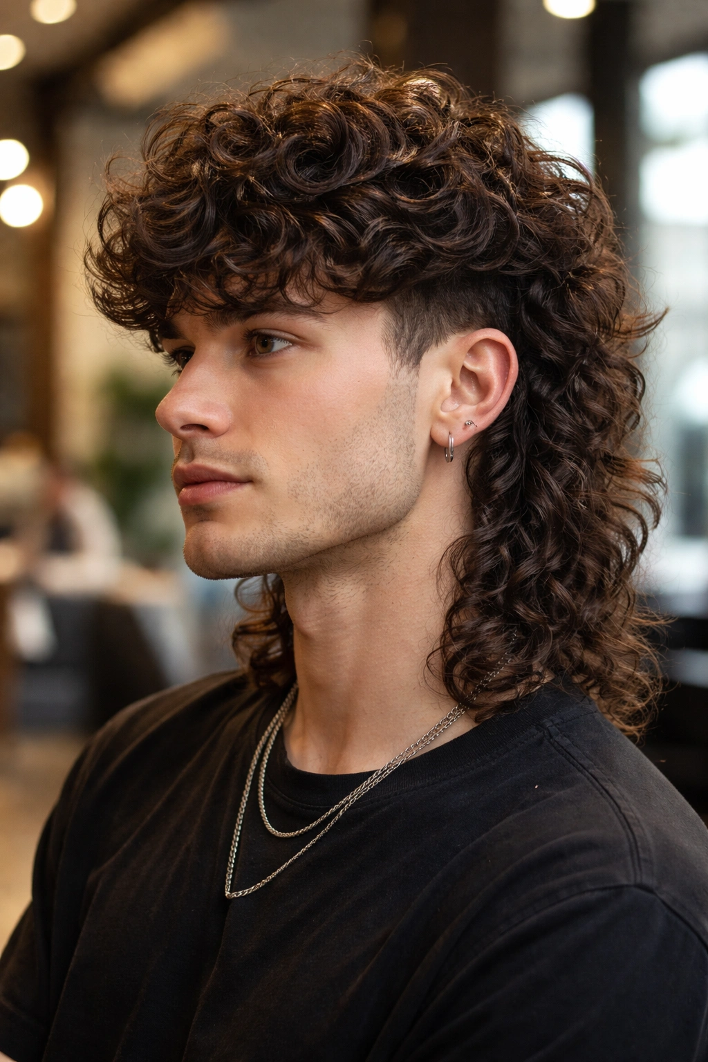 Close-up portrait of a real person with layered perm mullet in a salon setting, textured curls.