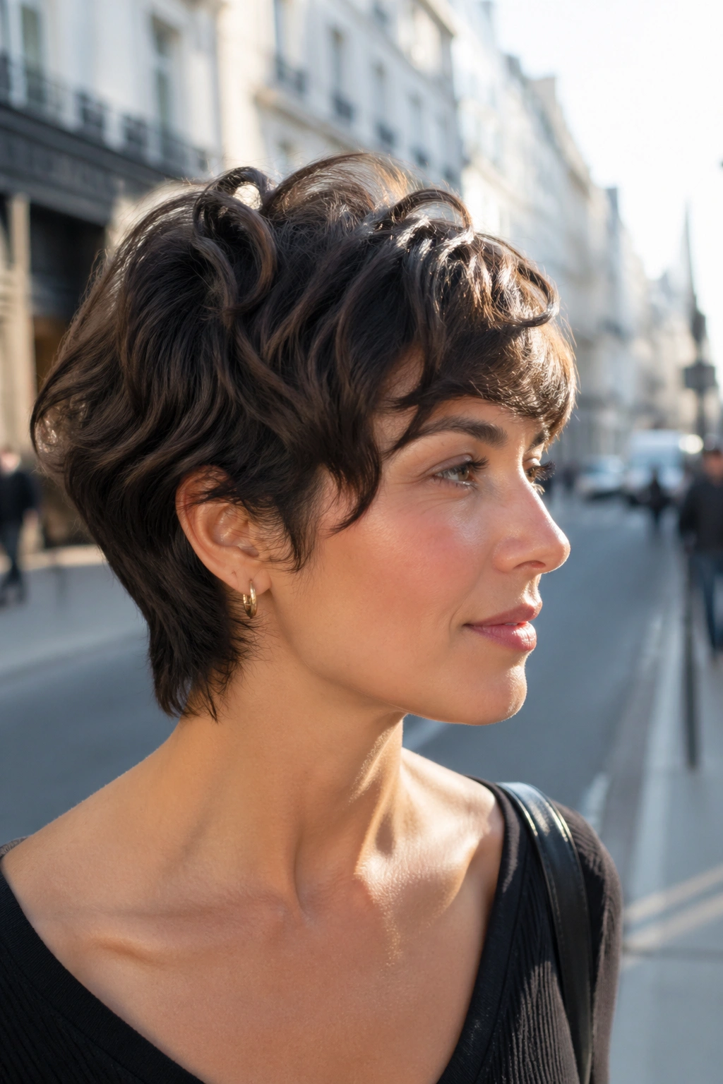 Portrait of a real woman with layered pixie and neck-grazing length.