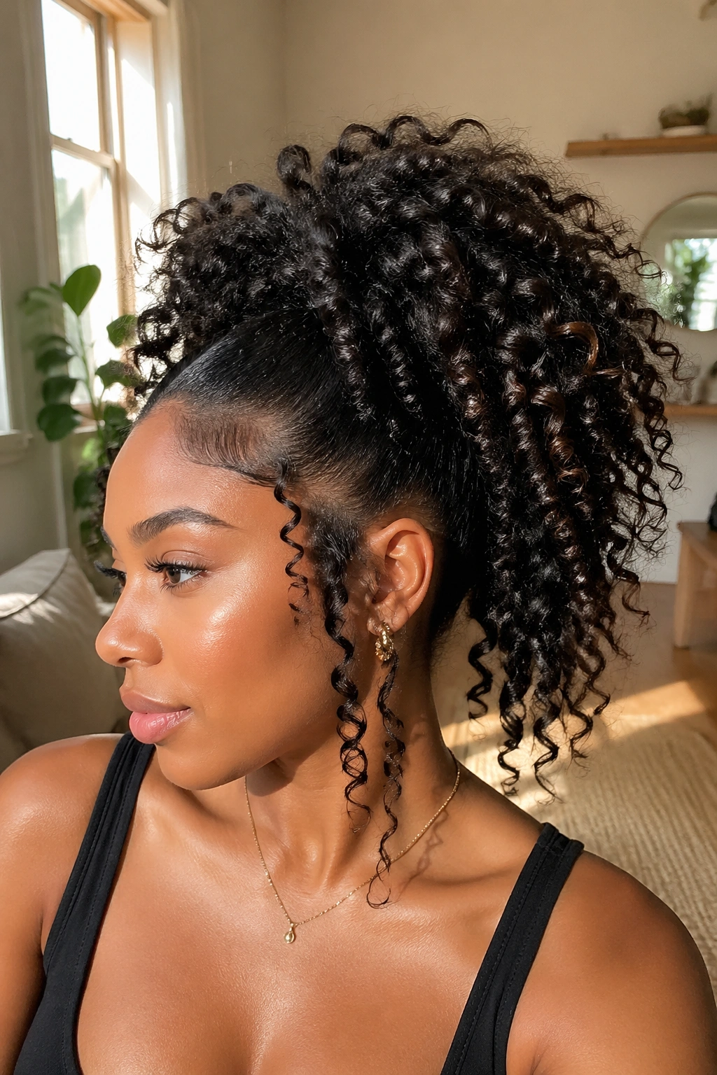 Close-up of a real woman with a layered curly ponytail showing coil definition