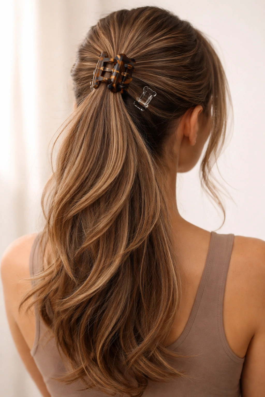 Back view of layered ponytail secured with two clips showing crown hold