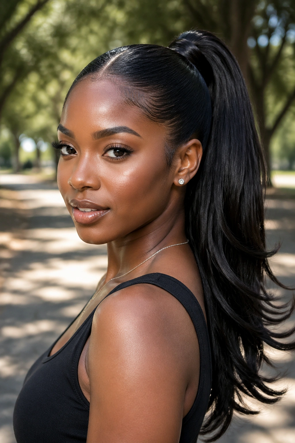 Real Black woman with layered ponytail extensions showing feathered ends