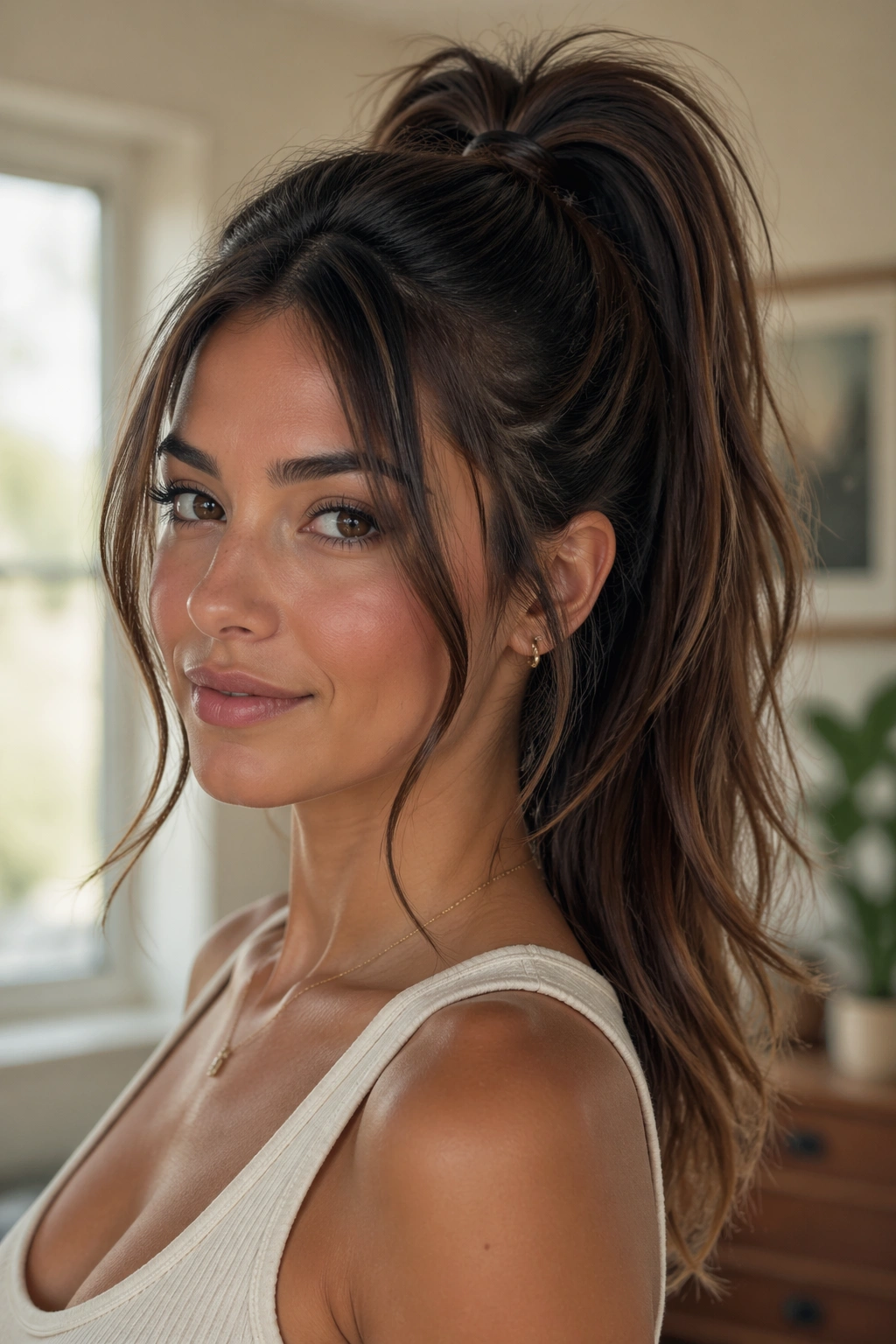 Real woman with layered high ponytail and face-framing pieces