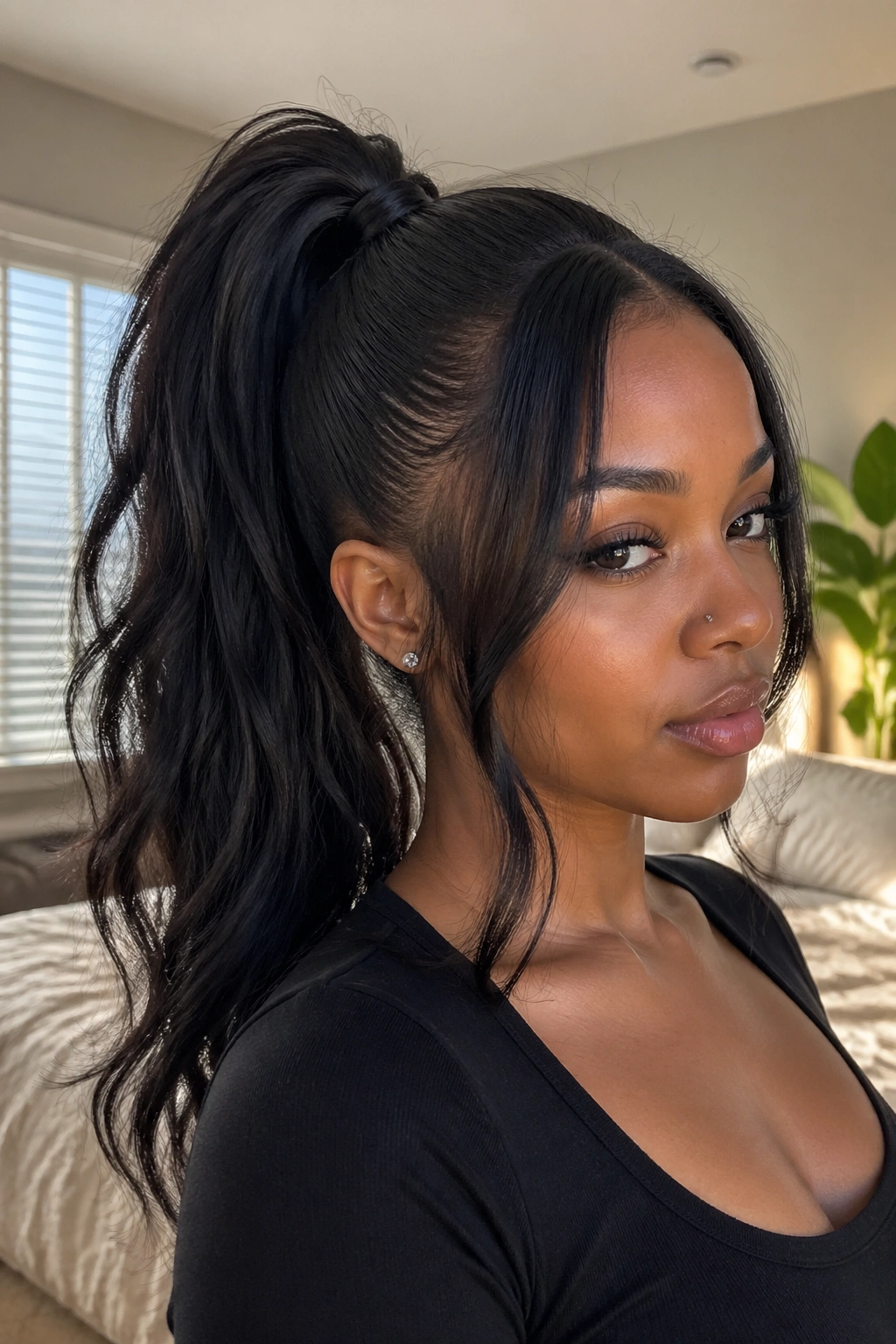 Close-up of a real woman with layered face-framing pieces and a high ponytail
